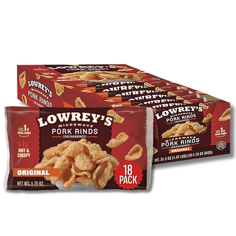 Lowreys Microwave Pork Rinds Bacon Microwave Chicharrones Original (Pack of 18)