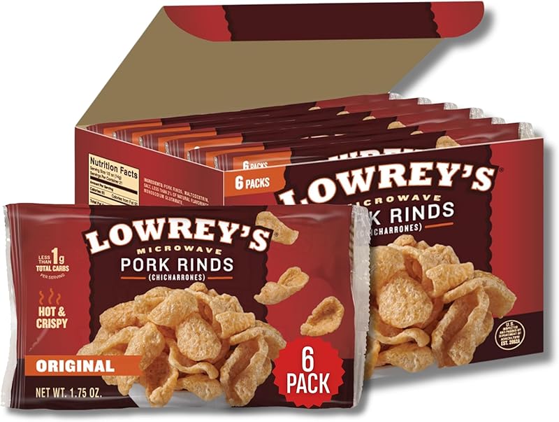 Lowreys Microwave Pork Rinds Bacon Microwave Chicharrones Original (Pack of 6)